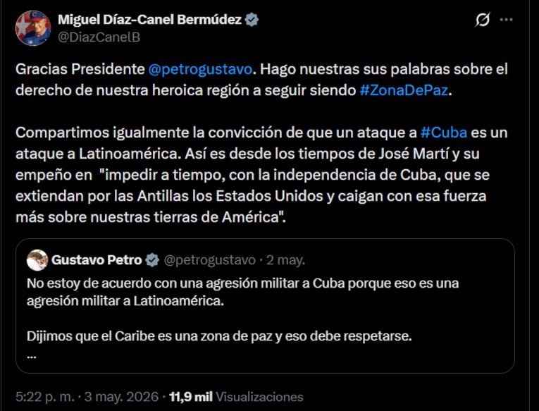 Díaz-Canel agradeció el apoyo de Petro a la soberanía latinoamericana y reiteró el derecho de Cuba a ser respetada como Zona de Paz - crédito @DiazCanelB / X