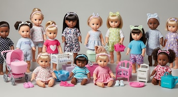 Varias muñecas de pie y sentadas con diferentes tonos de piel, cabello y vestimenta. Incluyen carritos, cunas, zapatos y pequeños muebles.