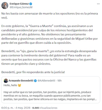 Enrique Gómez acusó al gobierno de omisión en seguridad a opositores y señala pactos con criminalidad - crédito @Enrique_GomezM/X