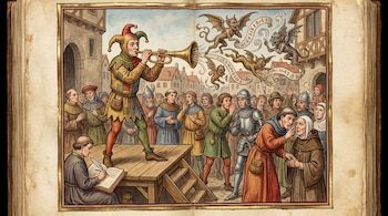 Un bufón toca una trompeta sobre una tarima mientras salen criaturas aladas hacia una multitud en una plaza de estilo medieval.