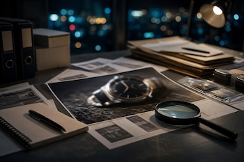 Fotografía de un reloj de lujo, una lupa, libretas, carpetas y documentos sobre un escritorio frente a un ventanal nocturno.