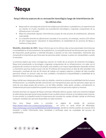 Nequi emitió un comunicado informando