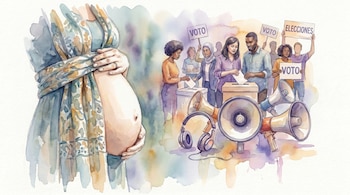 Ilustración acuarela de una mujer embarazada abrazando su vientre a la izquierda, y a la derecha, personas de diversas etnias votando en urnas con megáfonos.
