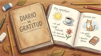 Ilustración de un diario de gratitud abierto sobre una mesa de madera con lápices y borradores, mostrando dibujos de sol, café, flor, gato y libros.