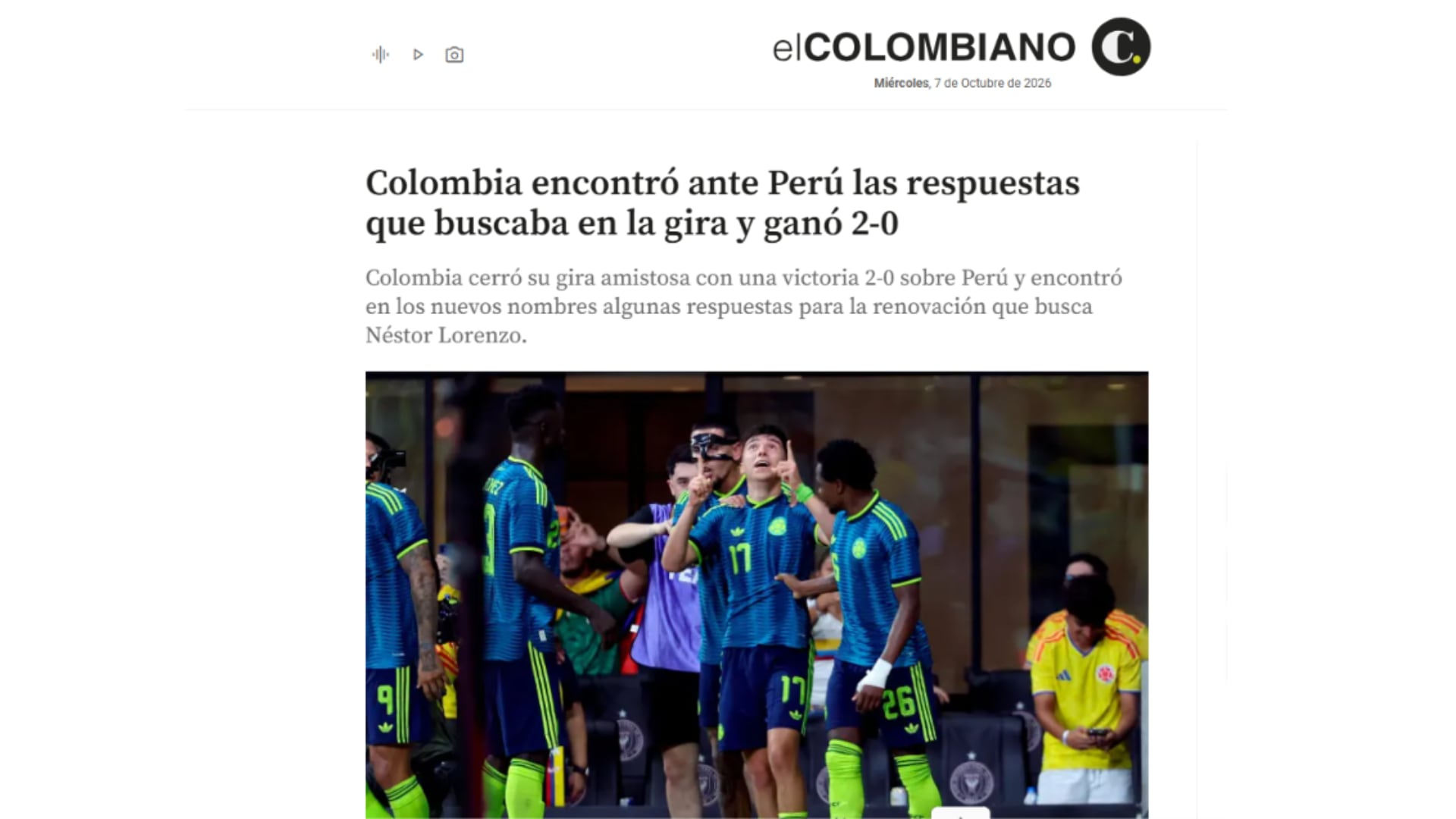 El Colombiano sobre el triunfo de Colombia ante Perú.