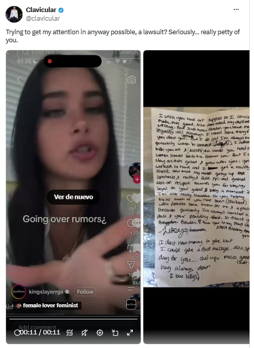 Clavicular publicó en X una carta que atribuyó a Aleksandra Mendoza, en la que ella le agradece su ayuda (X/@clavicular)