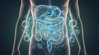 Ilustración del torso de una persona mostrando un intestino luminoso con microbiota colorida, rodeado de burbujas y escudos translúcidos de protección.