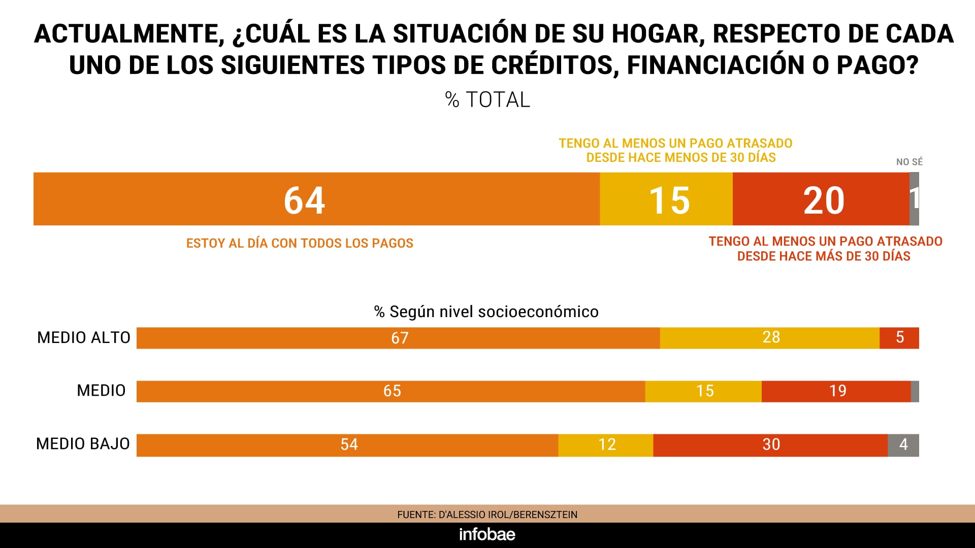 Una encuesta de D'Alessio Irol y Berensztein señala que el 64% de los hogares cumple sus pagos al día, mientras el 35% presenta algún nivel de mora (VisualesIA)