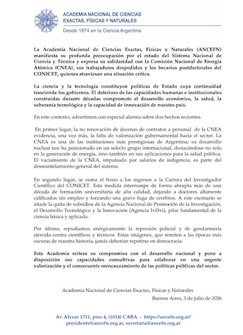 El comunicado de la Academia Nacional de Ciencias Exactas, Físicas y Naturales (ANCEFN)