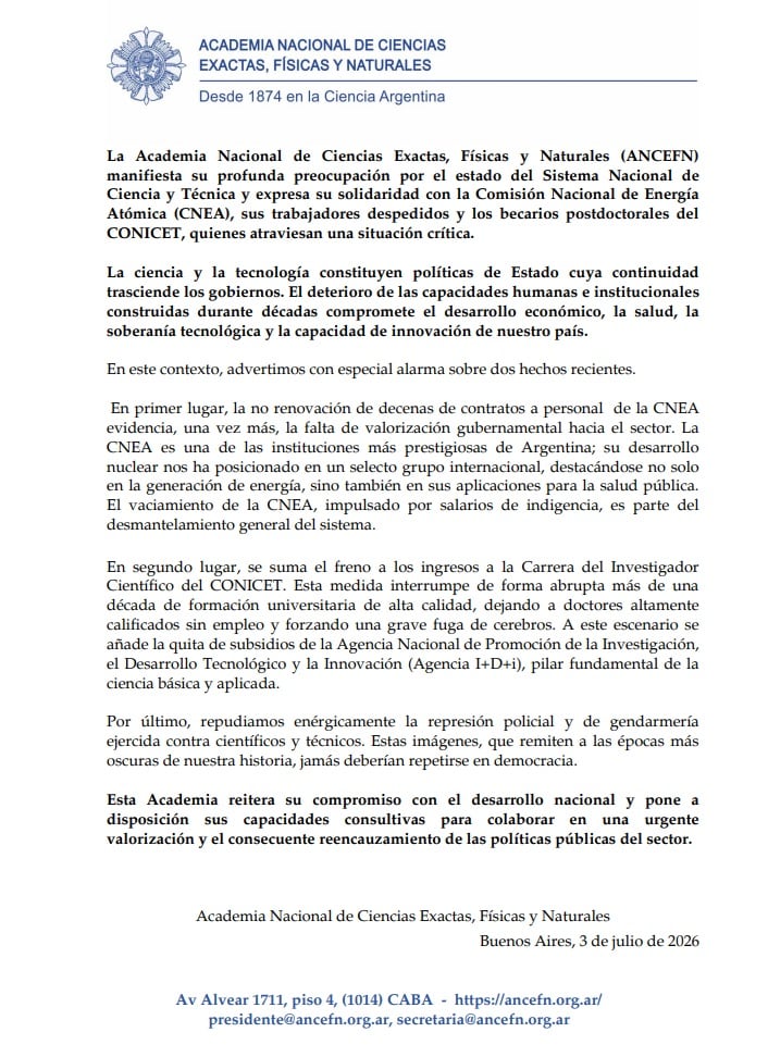 El comunicado de la Academia Nacional de Ciencias Exactas, Físicas y Naturales (ANCEFN)