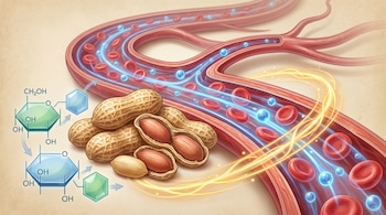 Ilustración hiperrealista de maníes, moléculas de glucosa en formas hexagonales y vasos sanguíneos con glóbulos rojos y esferas azules luminosas.