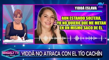Captura de pantalla de un programa de TV con Magaly Medina a la izquierda y una imagen de Yiddá Eslava a la derecha, con texto y ondas de audio