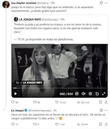 Captura de pantalla de un hilo de Twitter con la pregunta de un usuario, un tuit de "LA JOAQUI INFO" con video y un tuit de "La Joaqui" con aclaración