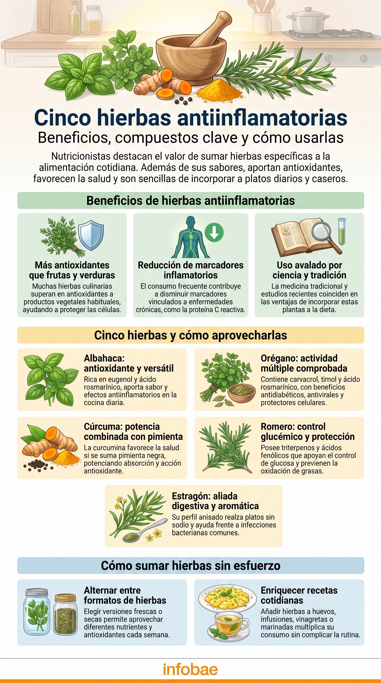 La cocina cotidiana gana capas aromáticas cuando se alternan hierbas frescas y secas en distintas preparaciones. (Imagen Ilustrativa Infobae)