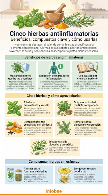 Infografía con texto sobre cinco hierbas antiinflamatorias, incluyendo albahaca, orégano, cúrcuma, romero, estragón, un mortero y elementos de cocina.