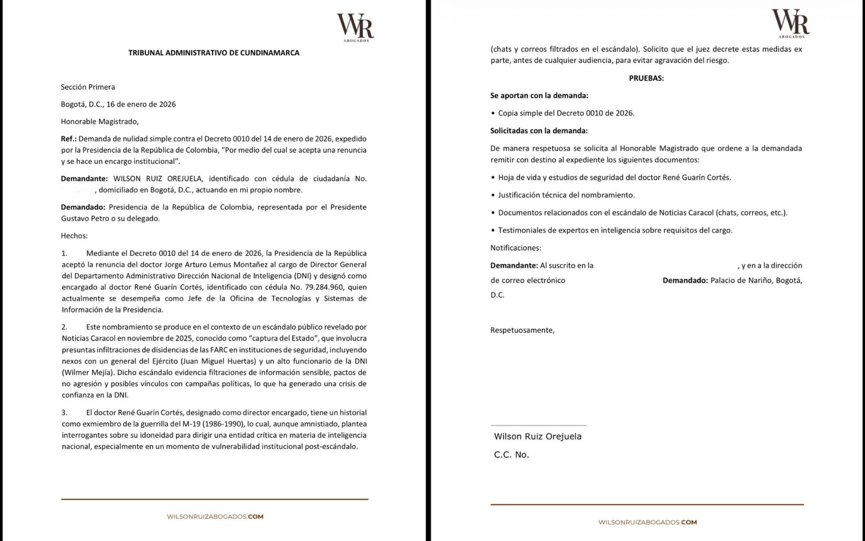 Wilson Ruiz Orejuela presentó una demanda de nulidad simple contra el Decreto 0010 del 14 de enero de 2026 - crédito @WilsonRuizO/X