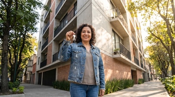 Mujer mexicana sonriente, de mediana edad, sostiene llaves frente a un edificio de apartamentos moderno y árboles frondosos en un día soleado en la Ciudad de México.