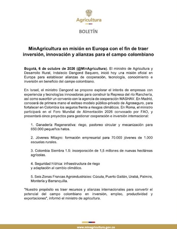 Indalecio Dangond llevará a Europa un plan de seguros agrarios y cinco proyectos para atraer recursos - crédito MinAgricultura