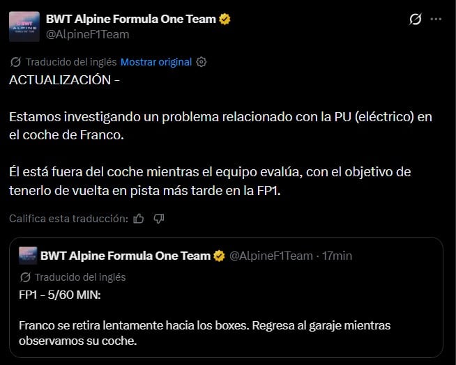 El informe de Alpine sobre los problemas del monoplaza de Colapinto