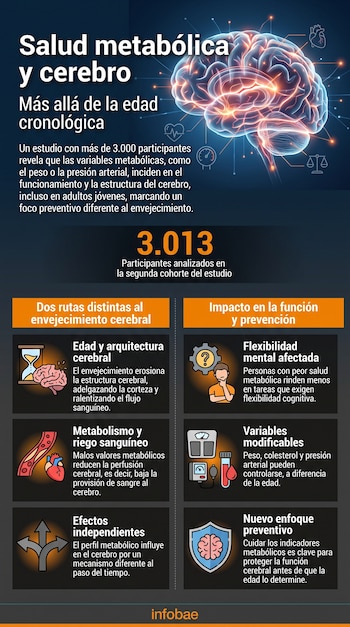 Infografía sobre salud metabólica y cerebro con ilustración cerebral. Muestra íconos de corazón, báscula, reloj, balanza, tensiómetro y texto del estudio.