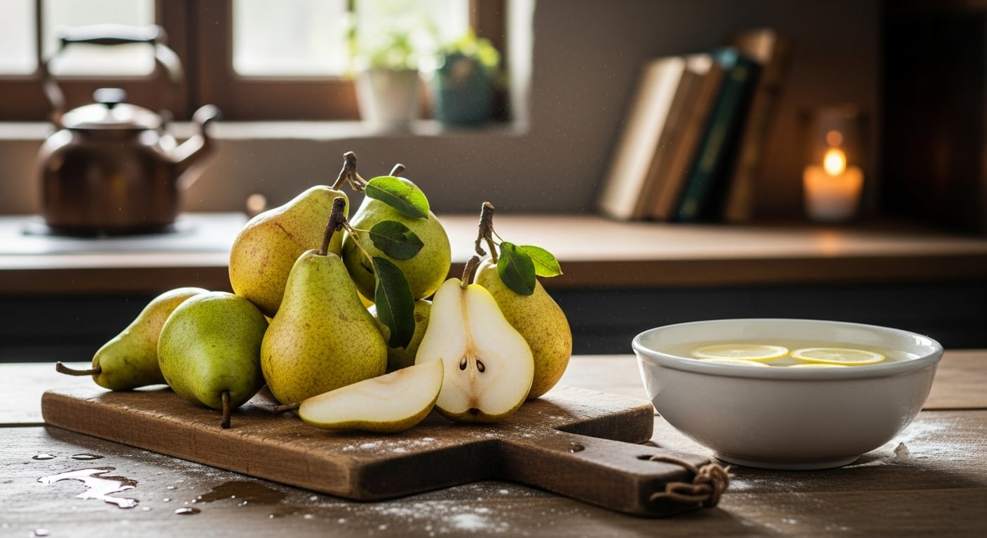 Un grupo de peras frescas, algunas enteras y otras cortadas, se exhiben sobre una tabla de madera en una cocina iluminada por la luz natural. A un lado, un bol blanco contiene rodajas de limón en agua, sugiriendo una preparación culinaria saludable y casera. El ambiente cálido y acogedor resalta la frescura de los ingredientes y la importancia de la alimentación natural. (Imagen Ilustrativa Infobae)