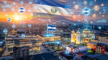 Vista aérea conceptual del centro histórico de San Salvador al atardecer, con la bandera de El Salvador y una red de tokenización global superpuesta sobre la ciudad.