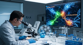 Científico con bata blanca y gafas de seguridad observando un microscopio en un laboratorio. A su derecha, una pantalla muestra un mapa genético.