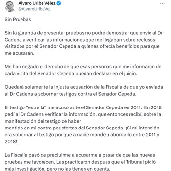 Uribe denunció a través de sus redes sociales que la Fiscalía ha negado la presentación de pruebas claves que podrían demostrar su inocencia en el caso - crédito @AlvaroUribeVel/X