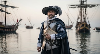 Hombre con barba, sombrero emplumado, armadura, capa y manuscrito. Espada al cinto. Barcos de vela en el mar con cielo claro al fondo.