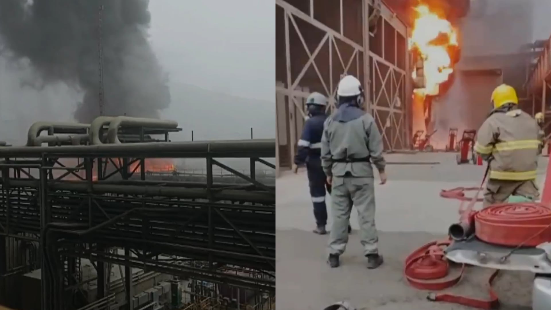 Bomberos y personal de emergencia atienden un gran incendio con densa columna de humo y llamas en la refinería de zinc Nexa en Cajamarquilla. (Composición: Infobae Perú)