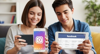 Dos adolescentes, una chica y un chico, miran pantallas. La chica sostiene un smartphone con el logo de Instagram. El chico tiene una tablet con la interfaz de Facebook.