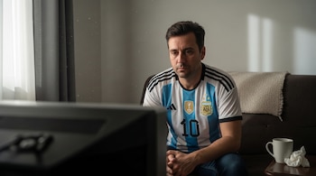 Hombre con camiseta de Argentina de franjas celestes y blancas con el número 10, sentado en un sofá oscuro, mirando un televisor. Hay una taza y un pañuelo en una mesa.