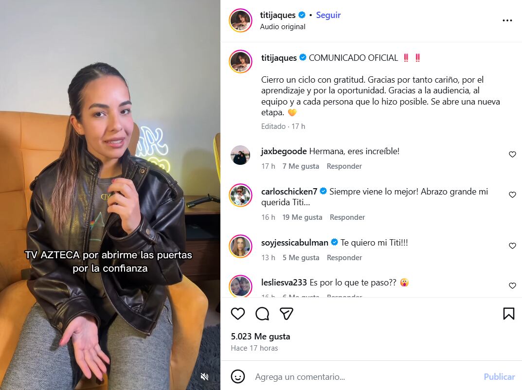 La presentadora Titi Jaques comparte un comunicado oficial en redes sociales expresando gratitud por su tiempo en TV Azteca y anunciando el inicio de una nueva etapa profesional con un mensaje de confianza (@titijaques)