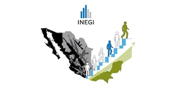 Ilustración de mapa de México dividido con armas a la izquierda y personas subiendo una escalera a la derecha, con logo del INEGI.