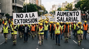 Obreros con cascos amarillos y chalecos reflectantes marchan sosteniendo carteles con las frases No a la extorsión y Aumento salarial.