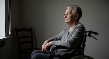 Una mujer adulta mayor de perfil con el pelo blanco y una camisa gris, sentada en una silla de ruedas junto a una ventana. Una silla de madera oscura se ve al fondo.
