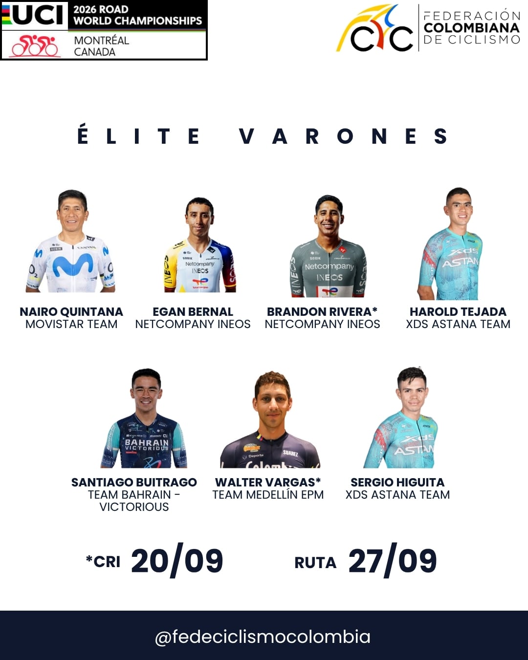 Nairo Quintana correrá su última carrera profesional en la prueba élite masculina del Mundial de Ruta el domingo 27 de septiembre-crédito Federación Colombiana de Ciclismo