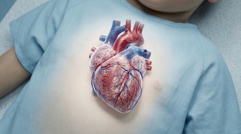 Modelo anatómico de corazón con vasos sanguíneos sobre el pecho de un paciente pediátrico con bata azul.