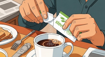 Manos abriendo un sobre de stevia y vertiendo el edulcorante granulado en una taza de café caliente. En la mesa hay tostadas, un tenedor y un cuchillo.