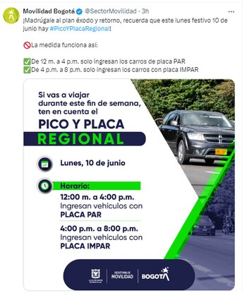 La Secretaría de Movilidad pondrá en marcha la medida del Pico y placa regional en los nueve corredores para garantizar el acceso de los vehículos particulares a la capital - crédito @sectormovilidad/X