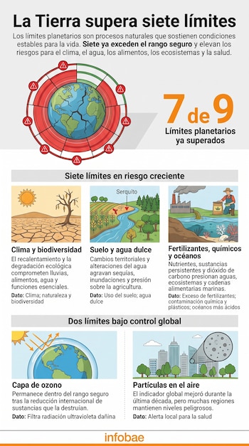 Infografía con un planeta Tierra dentro de un diagrama circular con secciones en rojo y verde, acompañado por cinco viñetas ilustradas.