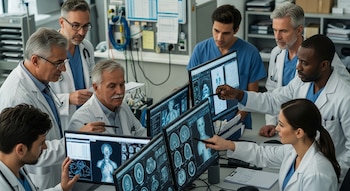 Siete personas con batas blancas y uniformes médicos, múltiples monitores de computadora con imágenes médicas de cuerpos, bolígrafos y papeles.