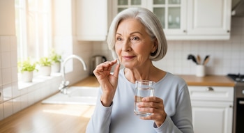 Una mujer de cabello blanco, de unos 70 años, sonríe mientras sostiene una pastilla blanca y un vaso de agua en su cocina iluminada por el sol.