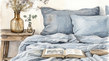 Ilustración en acuarela de un dormitorio con una cama con edredón azul y almohadas, un libro abierto sobre el edredón y una mesita de noche con jarrones de flores.