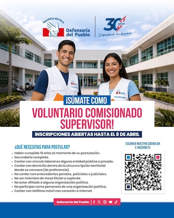 Poster de Defensoría del Pueblo con dos voluntarios sonrientes en chalecos blancos frente a un edificio. Anuncia convocatoria de voluntarios supervisores y QR