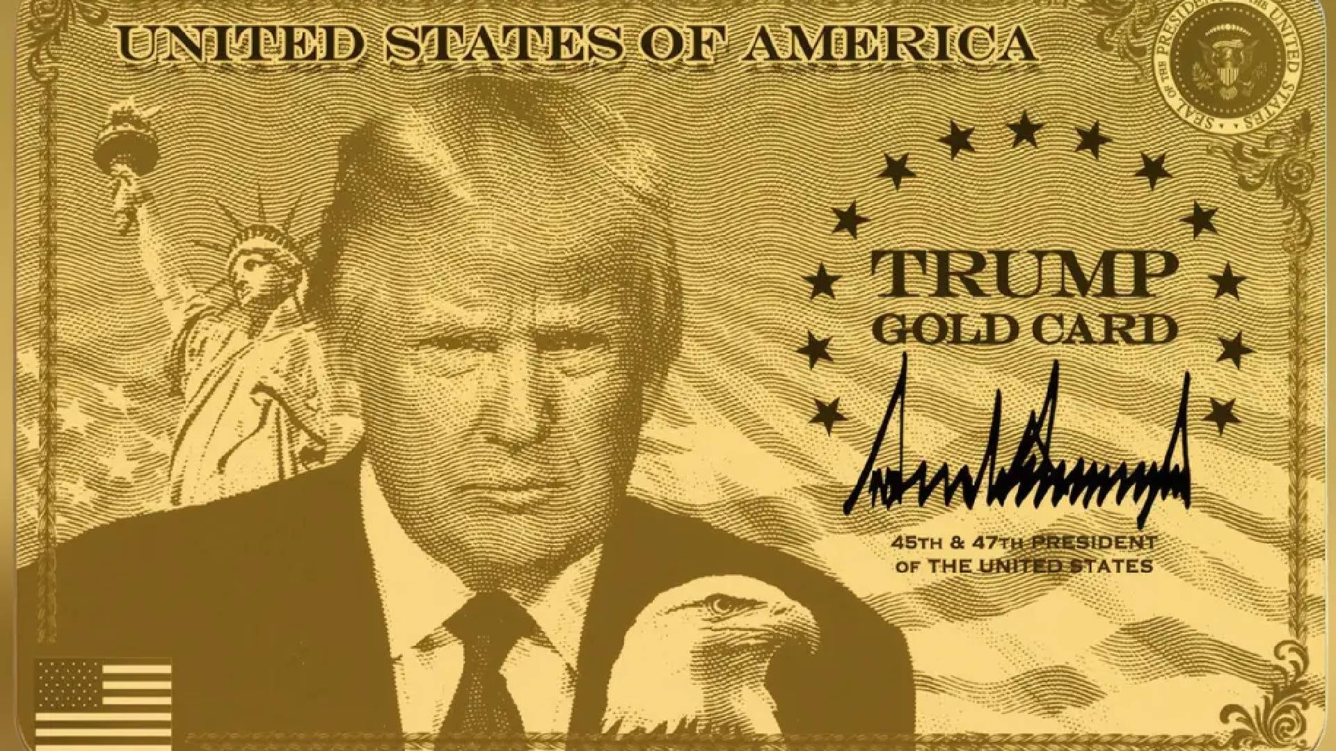 Una tarjeta dorada, la Trump Gold Card, ilustra la figura de Donald Trump junto a la Estatua de la Libertad, un águila calva y la bandera de Estados Unidos