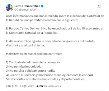 El partido Centro Democrático informó que el 11 de agosto, la bancada del partido hablará sobre la elección del contralor - crédito @CeDemocratico/X