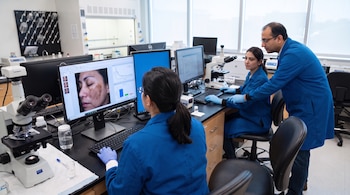 Tres científicos con batas azules y guantes trabajan frente a ordenadores y microscopios en un laboratorio con una foto facial en pantalla.