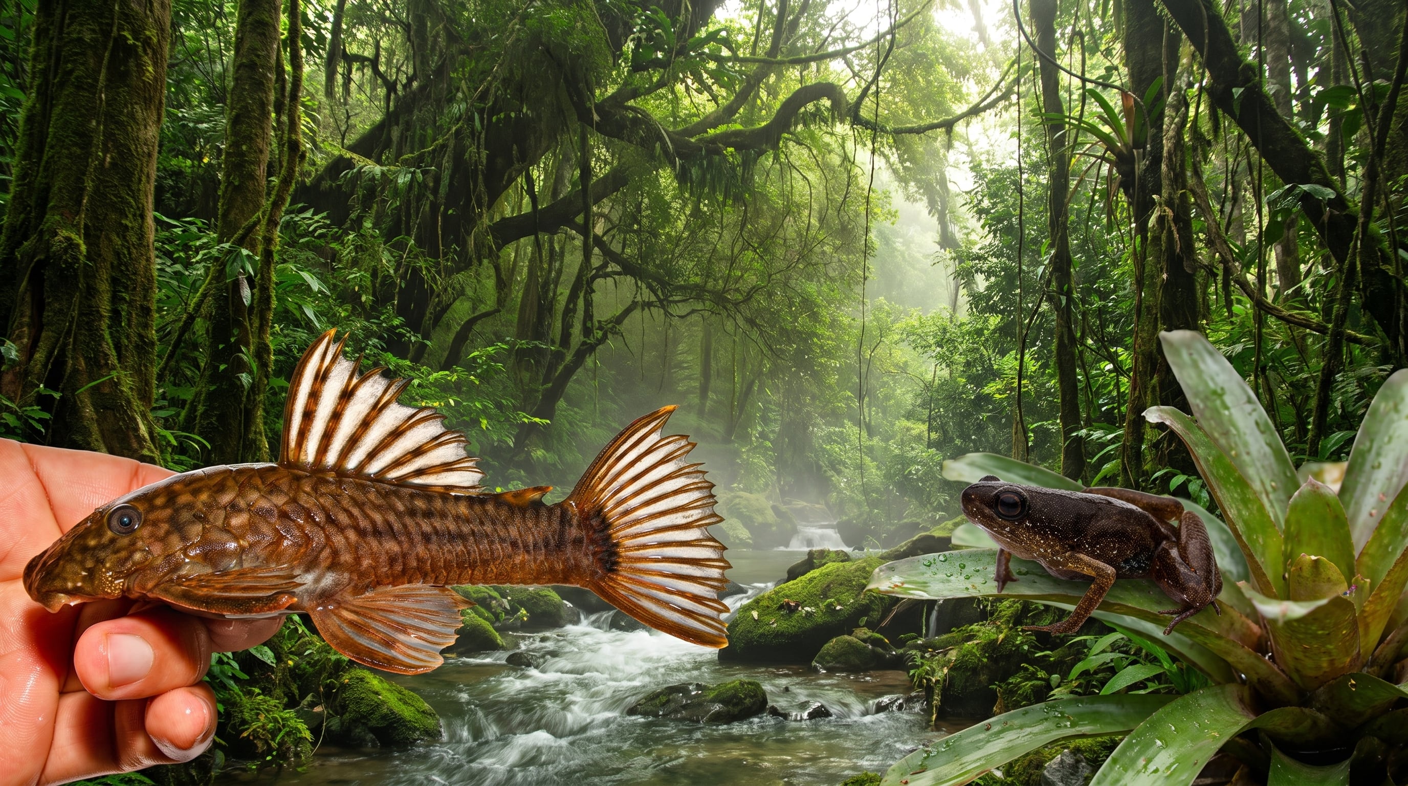 Un pez y una rana se muestran en un entorno de selva amazónica, representando el hallazgo de nuevas especies en Perú. (Imagen Ilustrativa Infobae)