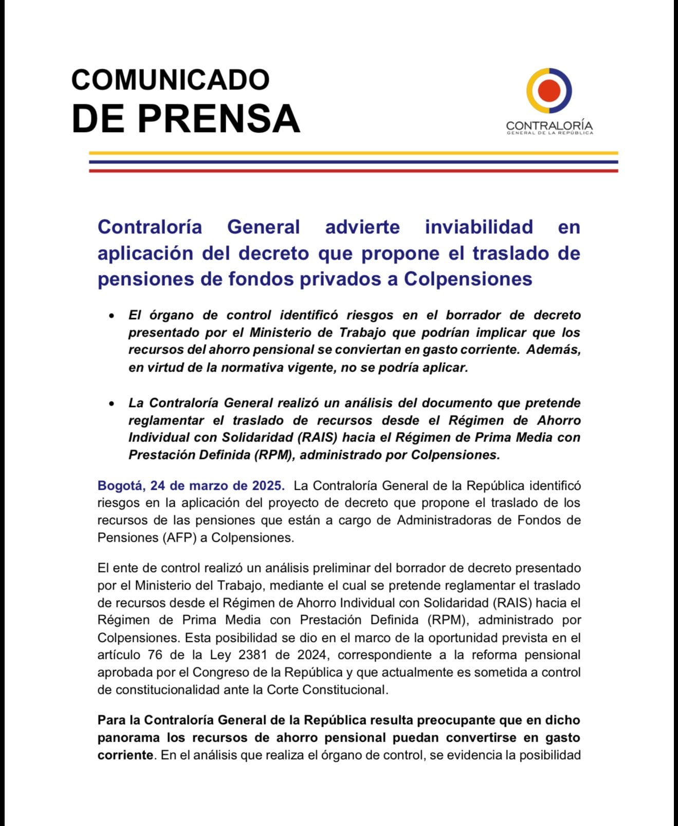 Contraloría alertó que convertir el ahorro pensional de largo plazo en recursos para cubrir gastos inmediatos podría incrementar el pasivo estatal y comprometer la sostenibilidad del sistema a futuro - crédito Contraloría
